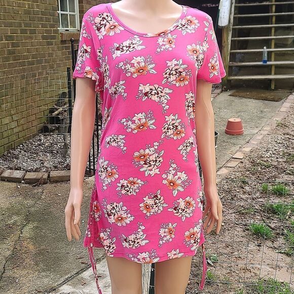 Pink Pull Tie Runched Sided Short Sleeves Floral Dress - Picture 1 of 9